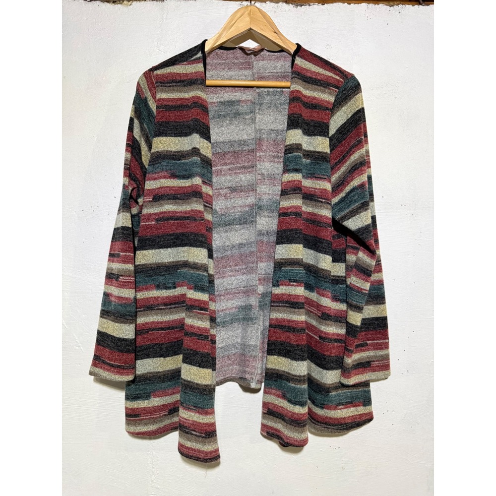 SJS Women's 1X Southwestern Striped Open Front Cardigan Multicolor Stretch Knit